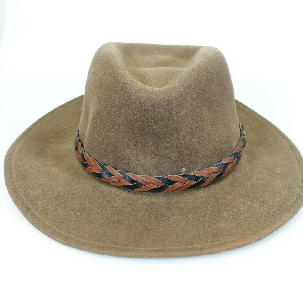LITE FELT Women Brown Beige Felted Hat XL Braided Strap Wide brim 100% Wool Cozy